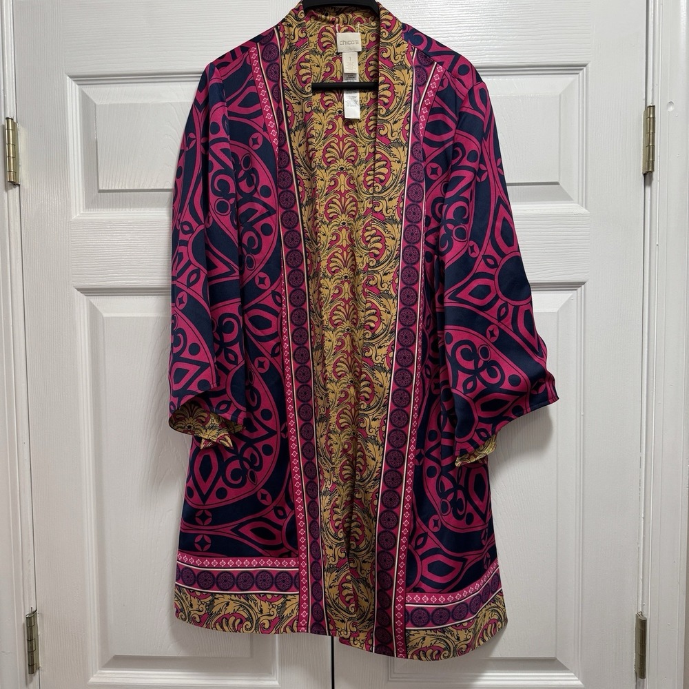 Chicos Reversible Printed Kimono‎ Size 1 Magenta Navy Gold 3/4 Sleeves Boho